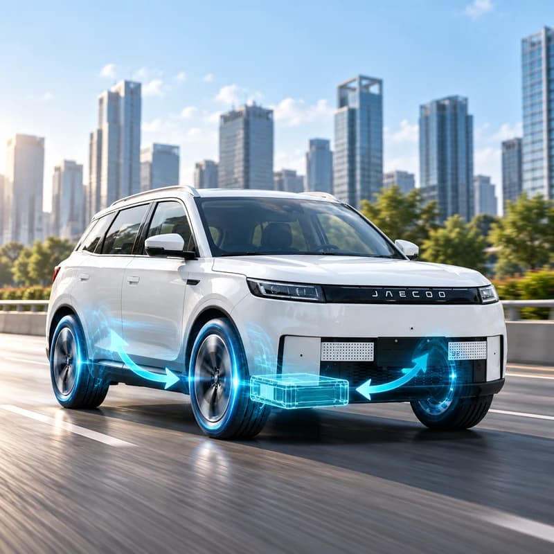 Jaecoo J5 putih dengan visual aliran energi baterai untuk menjelaskan regenerative braking